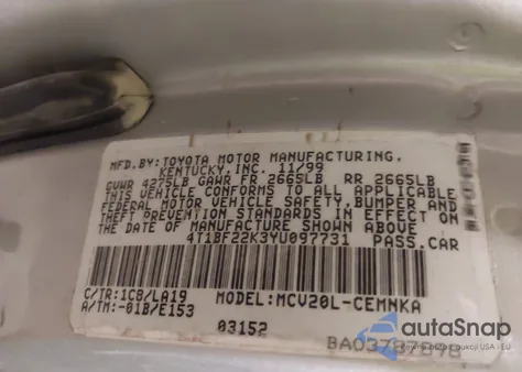 2000 Toyota Camry Le V6 from USA, damaged, VIN 4T1BF22K3YU097731